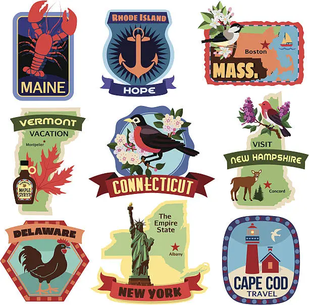 Vector illustration of North East US states travel stickers