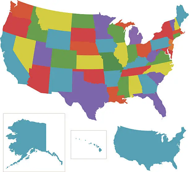 Vector illustration of colorful USA with individual states outlines