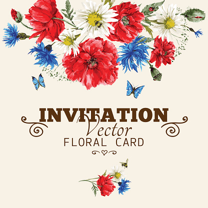 Watercolor floral greeting card with red poppies, cornflowers and daisies, watercolor vector illustration, ladybird bee and blue butterflies