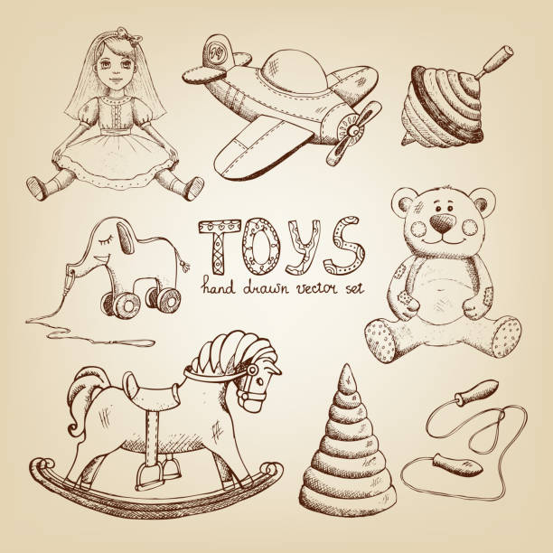 ilustrações de stock, clip art, desenhos animados e ícones de retro mão desenhada brinquedos - child horse design symbol