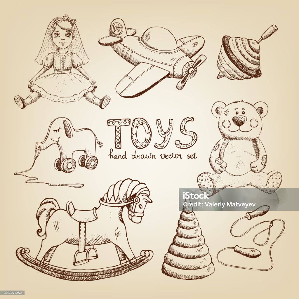 retro hand drawn toys retro hand drawn toys: doll airplane whirligig teddy bear Toy stock vector