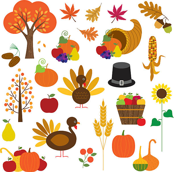 추수감사절 클립아트 - cornucopia november pumpkin leaf stock illustrations