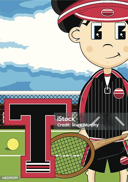 Tenis Chłopiec Nauki Literę T - Stockowe grafiki wektorowe i więcej obrazów Alfabet - Alfabet, Bekhend, Chmura