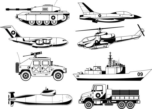War Vehicles Black & White Set War Vehicles Black & White, with tank, war plane, war air craft, war missile air craft, helicopter, transporter, ship, war ship, war submarine, war cargo truck. Vector illustration. indigo truck stock illustrations