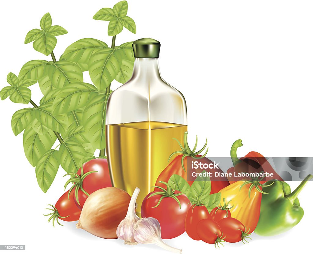 Azeite de oliva e legumes - Vetor de Alho royalty-free