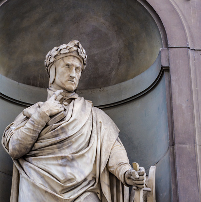 detail of the statue of Dante Alighieri in  Florence