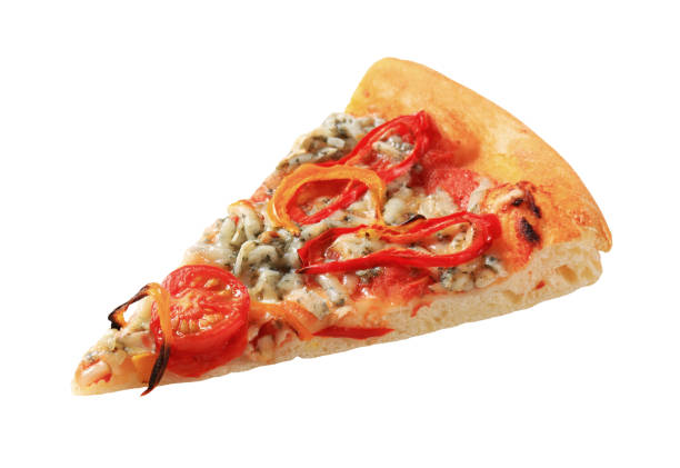 Blue cheese pizza with strips of pepper on top Homemade pizza with blue cheese and sweet pepper portion cut out cheese part of stock pictures, royalty-free photos & images