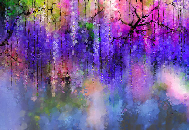 ilustrações, clipart, desenhos animados e ícones de primavera flores roxas wisteria.watercolor pintura - blurred motion textured effect backgrounds abstract