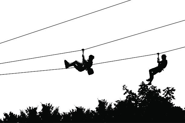 ziplining-abenteuer über den wald - ziplining zip line outdoors zip lining stock-grafiken, -clipart, -cartoons und -symbole