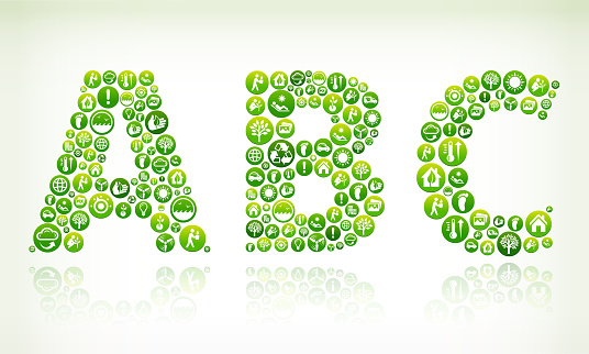 ABC Environmental Conservation Green Vector Button Pattern. This vector collage has green round buttons arrange in seamless patter. Individual iconography on the buttons shows numerous green environmental conservation symbols. The individual icons include recycling symbol, energy, light bulb, trees, leaves, clean water drop and people caring about our planet.