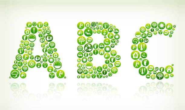 ABC Environmental Conservation Green Vector Button Pattern. ABC Environmental Conservation Green Vector Button Pattern. This vector collage has green round buttons arrange in seamless patter. Individual iconography on the buttons shows numerous green environmental conservation symbols. The individual icons include recycling symbol, energy, light bulb, trees, leaves, clean water drop and people caring about our planet. fire letter b stock illustrations