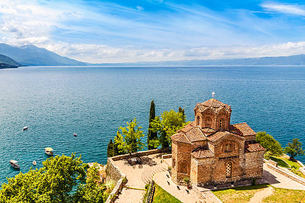 Jovan Kaneo Church, Lake Ohrid, Macedonia. Jovan Kaneo Church on beautiful sunny day at Lake Ohrid, Macedonia. north macedonia stock pictures, royalty-free photos & images