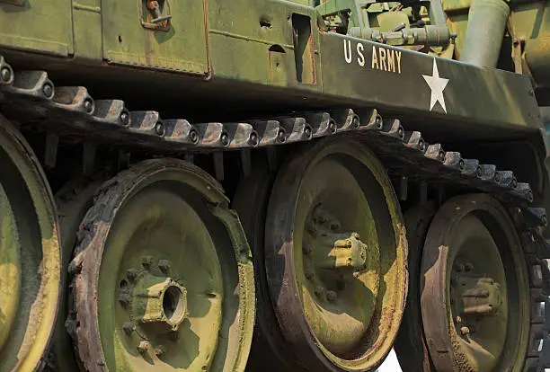 Photo of Tank close-up with text US Army on it.