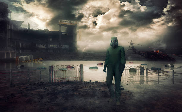 Man in hazmat suit walking in destroyed environment Man in hazmat suit walking in destroyed environment. habitat destruction stock pictures, royalty-free photos & images