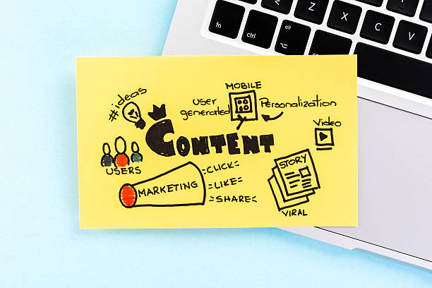 Internet content marketing sketch on blue background over notebook. stock photo