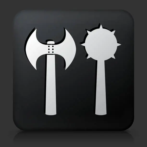 Vector illustration of Black Square Button with Axe and Morning Star Weapon
