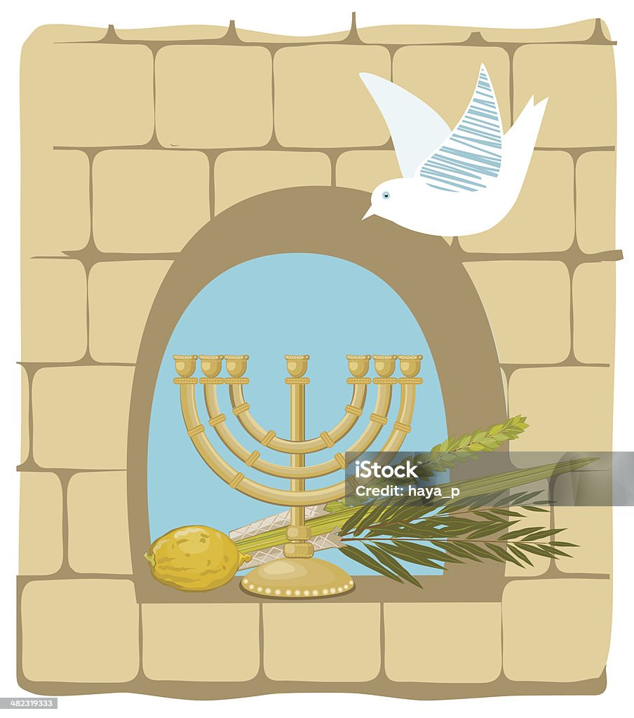 Sukkoth Plants and Golden Menorah On Old Stone Wall Background All main elements are grouped and rendered complete for seperate use. Zipped *. ai CS3, PDF is attached. Citron stock vector