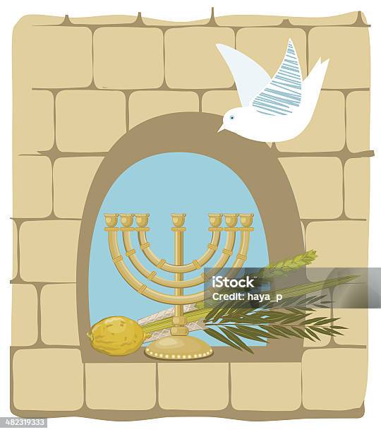 Sukkoth Plants And Golden Menorah On Old Stone Wall Background Stock Illustration - Download Image Now