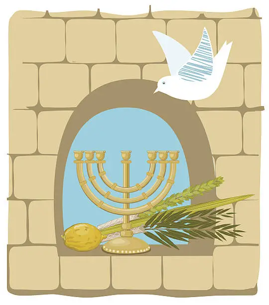 Vector illustration of Sukkoth Plants and Golden Menorah On Old Stone Wall Background