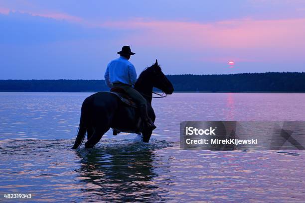 Rider On A Horse Viendo La Puesta De Sol Foto de stock y más banco de imágenes de Caballo - Familia del caballo - Caballo - Familia del caballo, Silueta, Vaquero