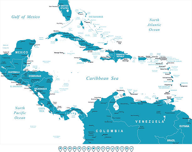 Central America - map and navigation labels - illustration Central America map - highly detailed vector illustration caribbean stock illustrations