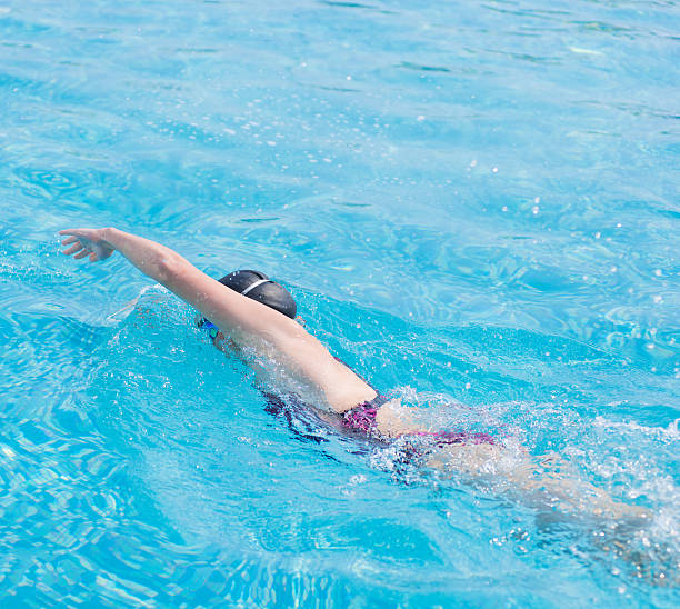 istock Woman in goggles swimming front crawl style 482323012