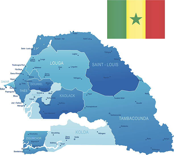 ilustrações, clipart, desenhos animados e ícones de mapa do senegal-membros, cidades, bandeira e ícones - senegal dakar region africa map