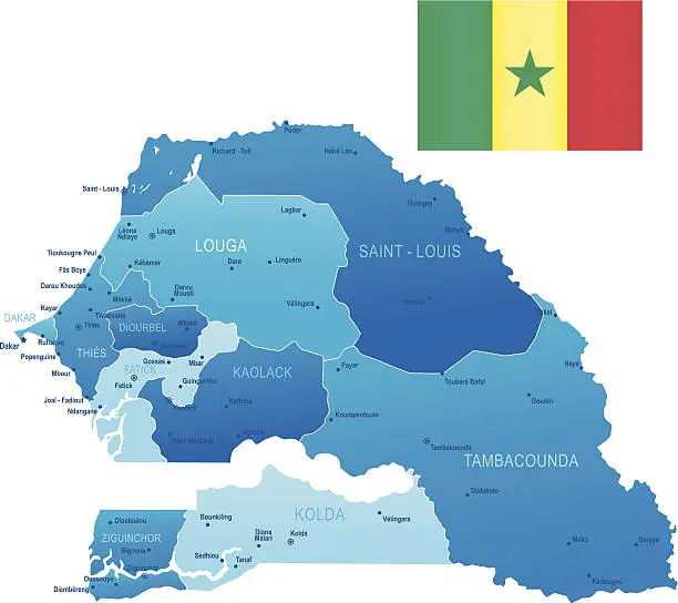 Vector illustration of Map of Senegal - states, cities, flag and icons