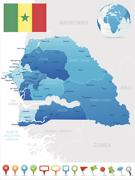 mapa senegal-członkowskich, miast, flaga i ikony - senegal dakar region africa map stock illustrations