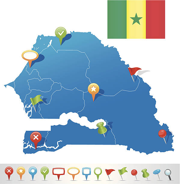 ilustrações, clipart, desenhos animados e ícones de mapa do senegal com ícones de navegação - senegal dakar region africa map