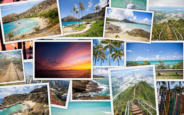 Hawaii Travel collage A collage of Hawaii snap shots. The photos are of various Oahu destinations, and they include many bright colors. They are scattered and stacked, so some pictures are fully visible and only portions of others are visible. The photos each have a white border. hawaii islands photos stock pictures, royalty-free photos & images