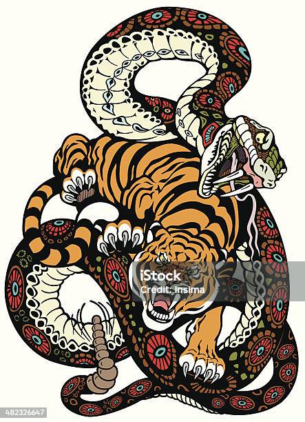 Snake And Tiger Fight Stock Illustration - Download Image Now - Snake, Tiger, Tattoo