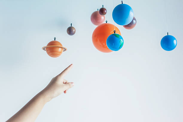 istock Kid's Hand Pointing at a Toy Solar System 482328412