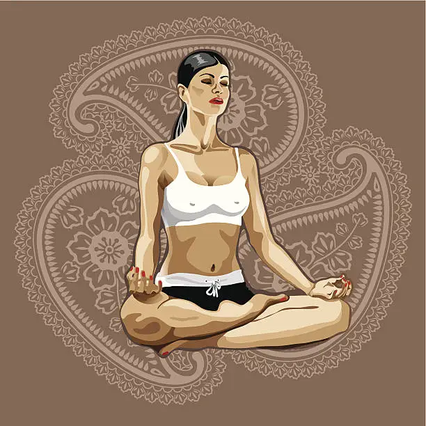 Vector illustration of One yoga woman practicing lotus pose.Paisley background
