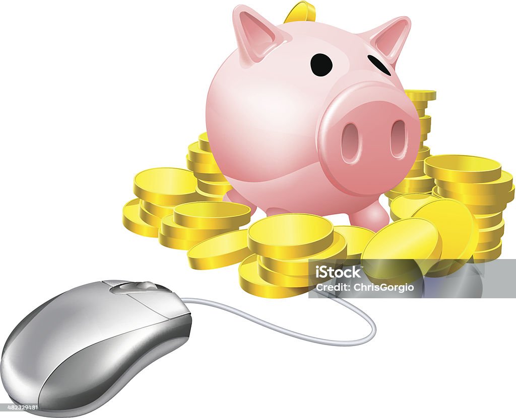 Online banking concept Computer mouse connected to piggy bank with gold coins. Concept for online savings or investments Banking stock vector