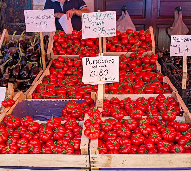 Fresh ripe organic tomatoes from Corleone, in a Sicilian market. Italy.