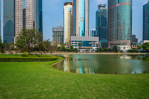 Doha, Qatar – November 22, 2022: Park surrounded by the Doha skyline in the evening in Qatar