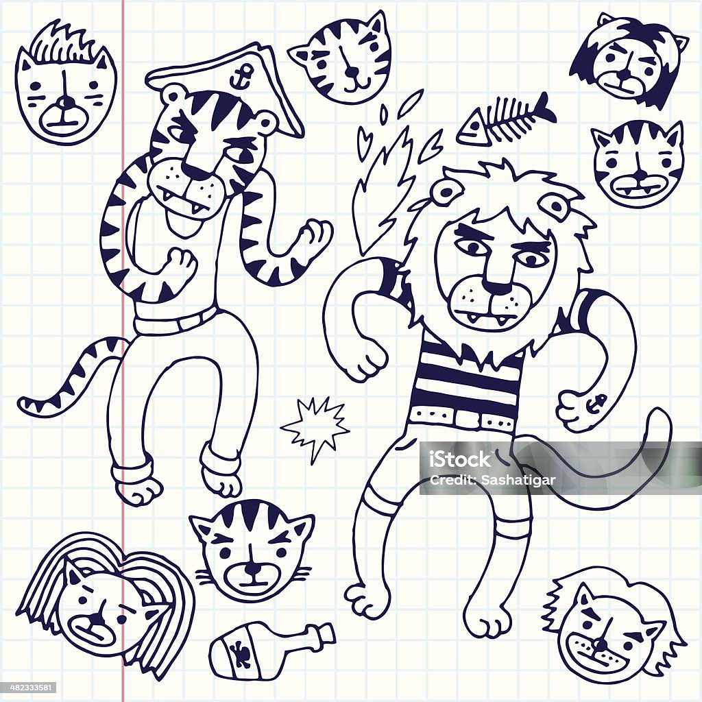 Leão e tigre piratas.  Escola notebook.Vector ilustração. - Vetor de Animal royalty-free