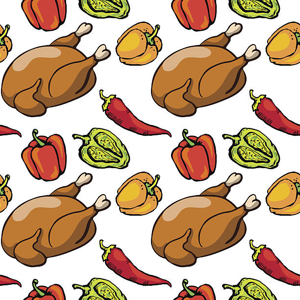 ilustraciones, imágenes clip art, dibujos animados e iconos de stock de patrón sin costuras con aves y pimientos - cooked chicken white background grilled chicken