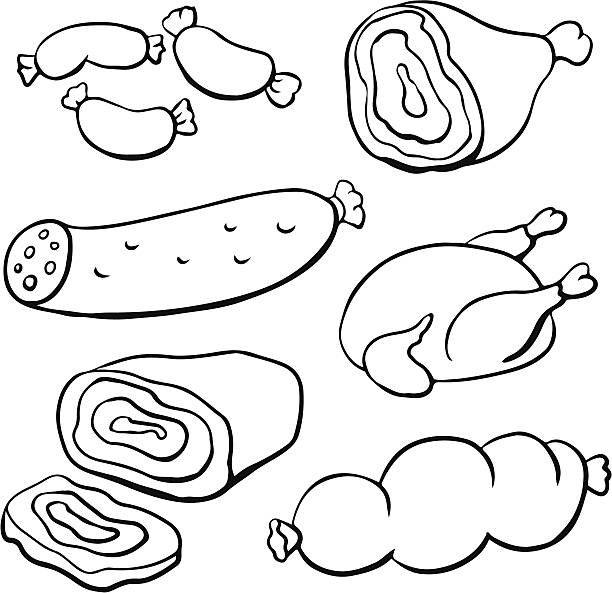 illustrations, cliparts, dessins animés et icônes de saucisses de viande et volaille - gigot fond blanc