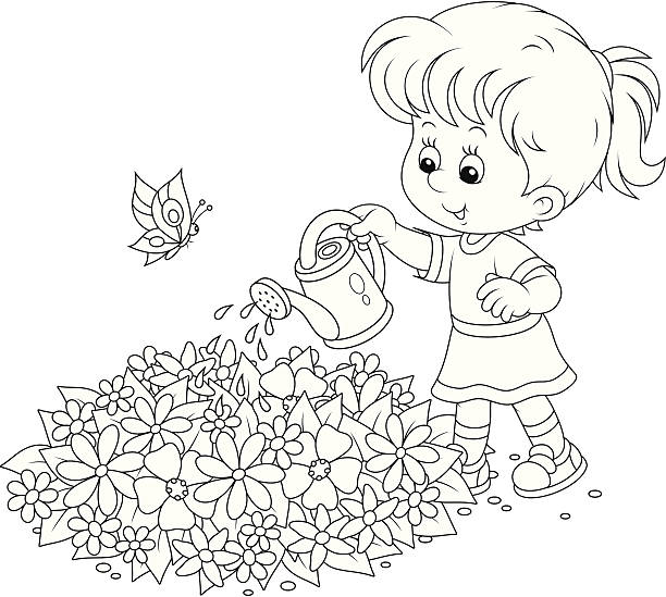 девочка, полив цветов - baby toddler child flower stock illustrations