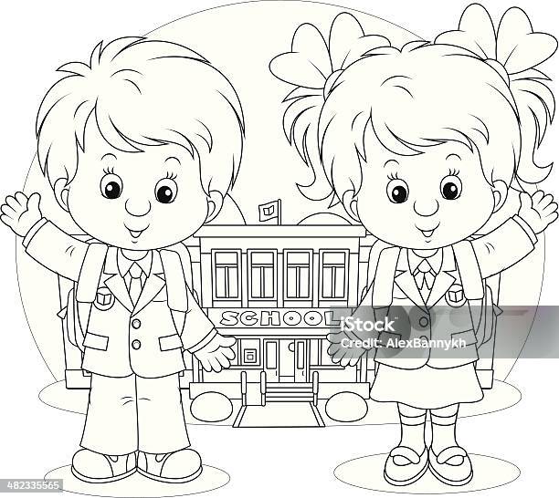 Schoolchildren Before A School Stock Illustration - Download Image Now - Back to School, Black And White, Boys