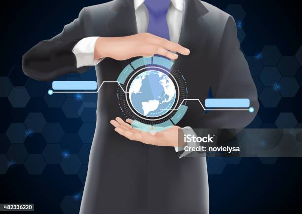 Hands Holding Earth Of Background On Blue And Black Stock Illustration - Download Image Now