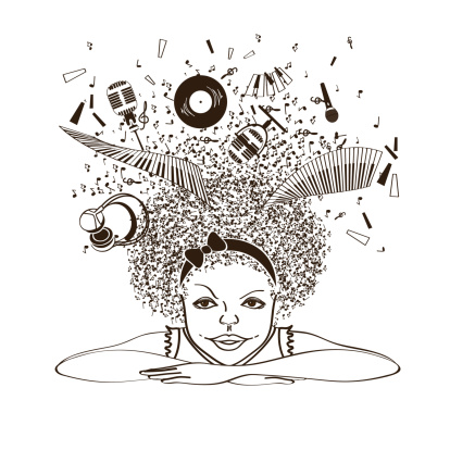 Illustration with isolated portrait of girl dreaming to be a musician on a white background