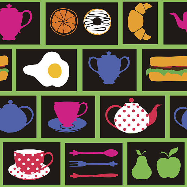 연속무늬 조식 식품 및 음료 - tea cup coffee cup teapot domestic kitchen stock illustrations
