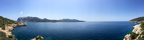 Beautiful blue sea Blue sea in panoramic view at mallorca banyalbufar stock pictures, royalty-free photos & images