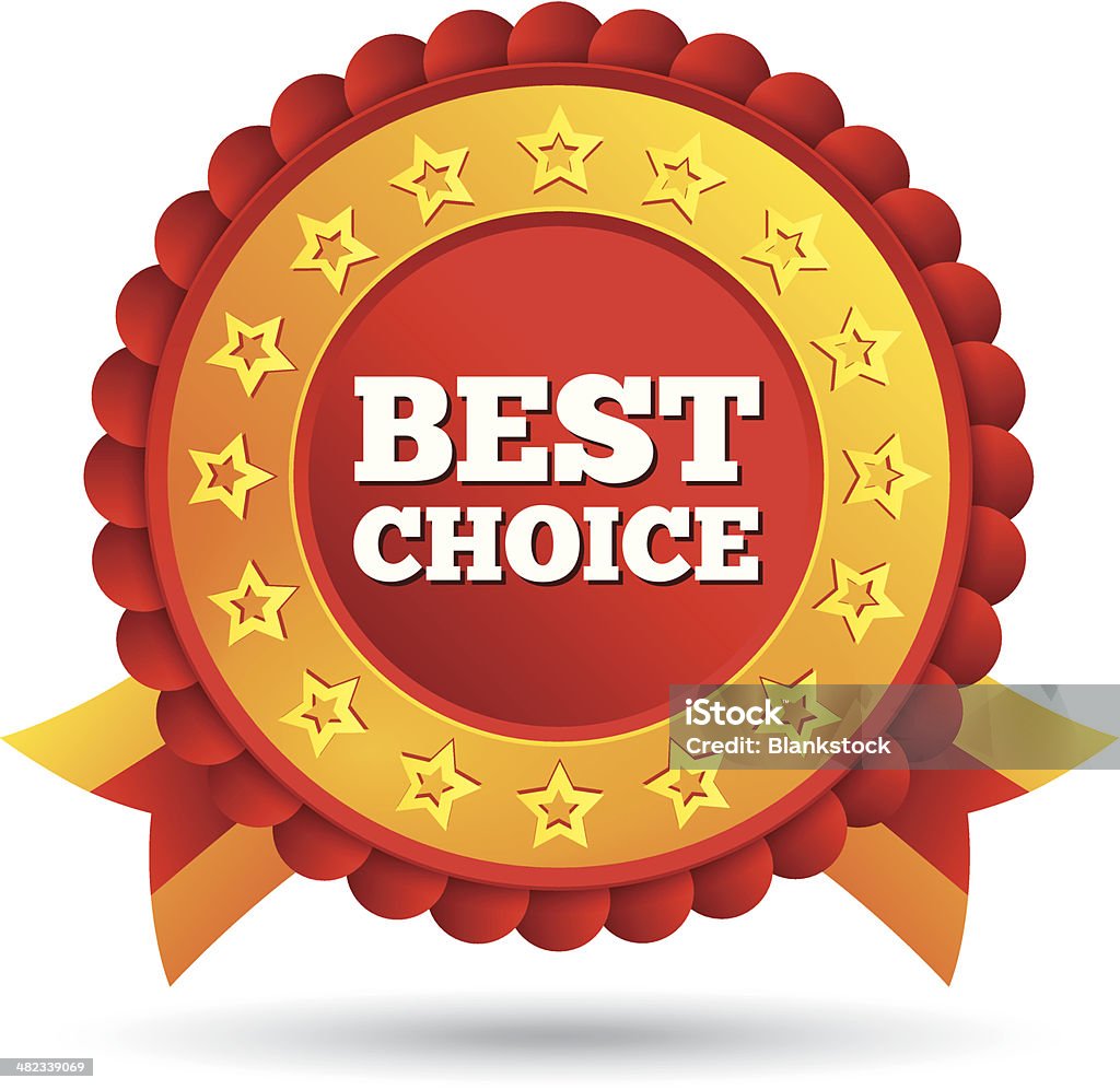 Vector best choice red label with stars, ribbons Vector best choice red label with stars and ribbons. Round sticker icon for shopping. Isolated on white. Achievement stock vector