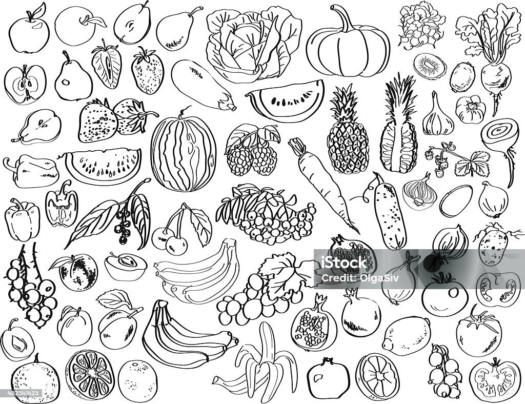 Vegetables, fruits, berries Image of black on a white background drawing of vegetables, fruits and berries. Apple - Fruit stock vector