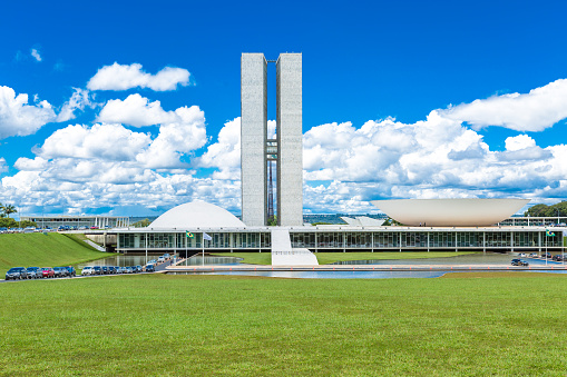Brasilia, Brazil - March 24, 2015: The famous Brazilian National Congress in Brasilia, Brazil. The building was designed by Oscar Niemeyer in the modern Brazilian style.
