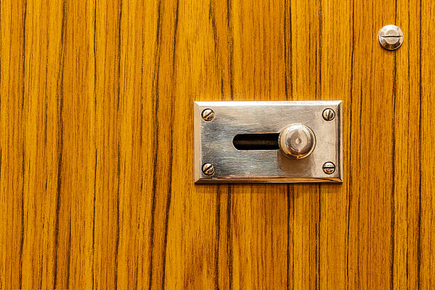 istock Metal latch on wooden door 482342100